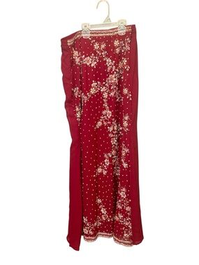Unbranded Maroon Velvet Silk Lehenga Skirt Dupatta Set Embellished 28 Waist 42 L